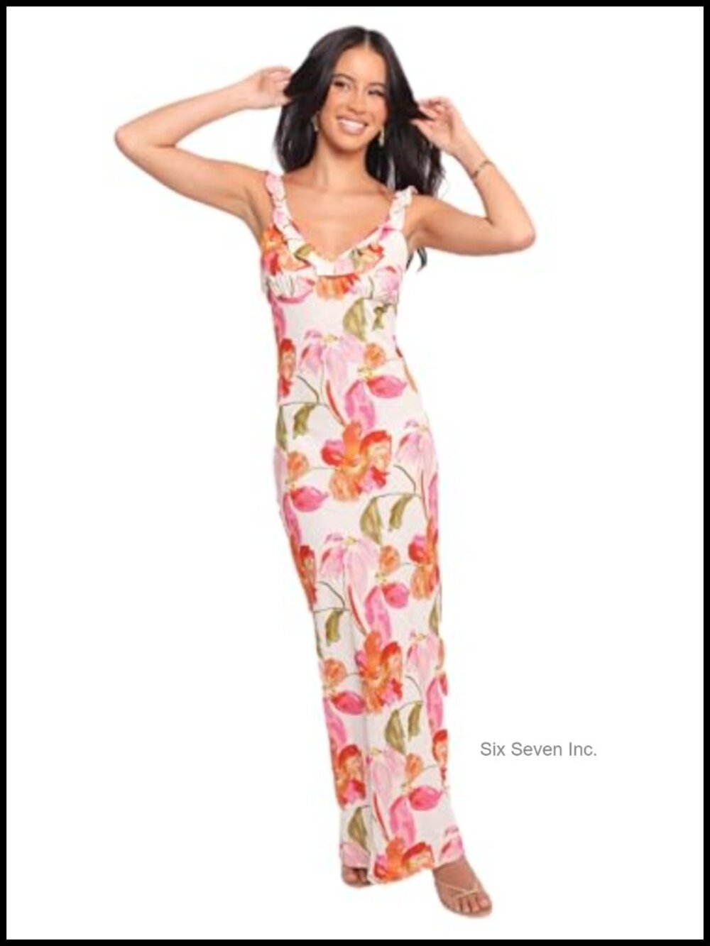 Maxi Bodycon Dress with Frill Straps Scoop Neck Floral